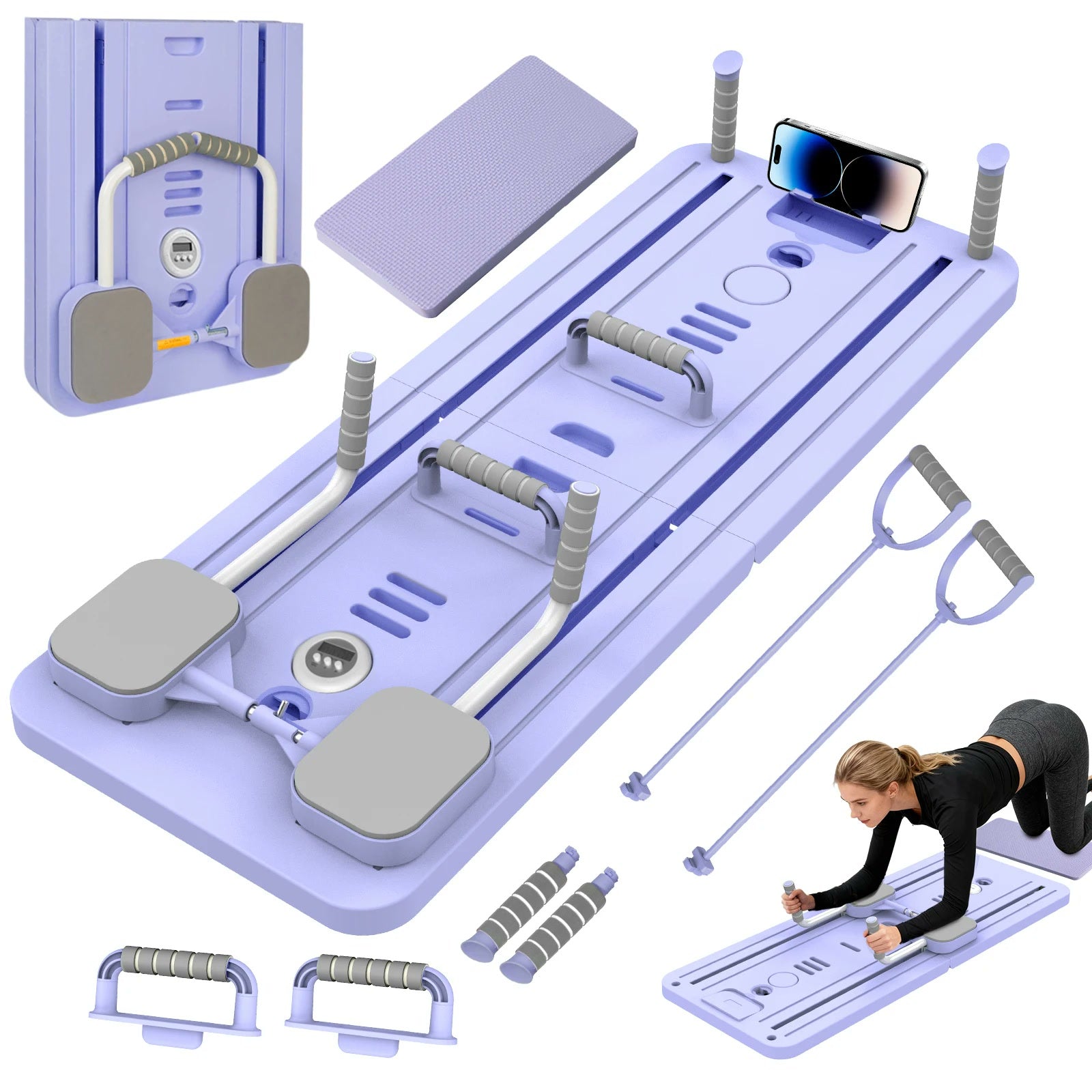 Das komplette Pliava Set: Board, Widerstandsbänder, Griffe, Timer, Kniepolster, Handyhalterung