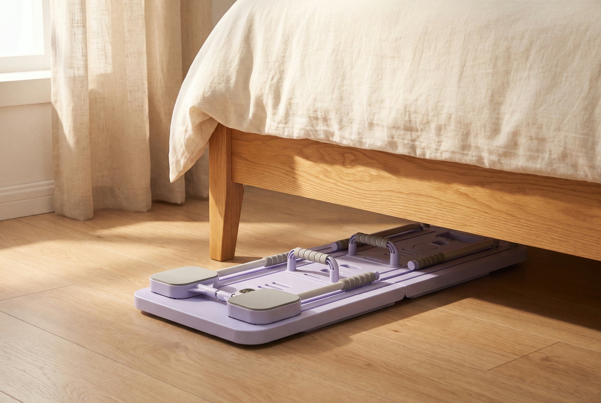 Das flach zusammengeklappte Board, halb unter dem Bett